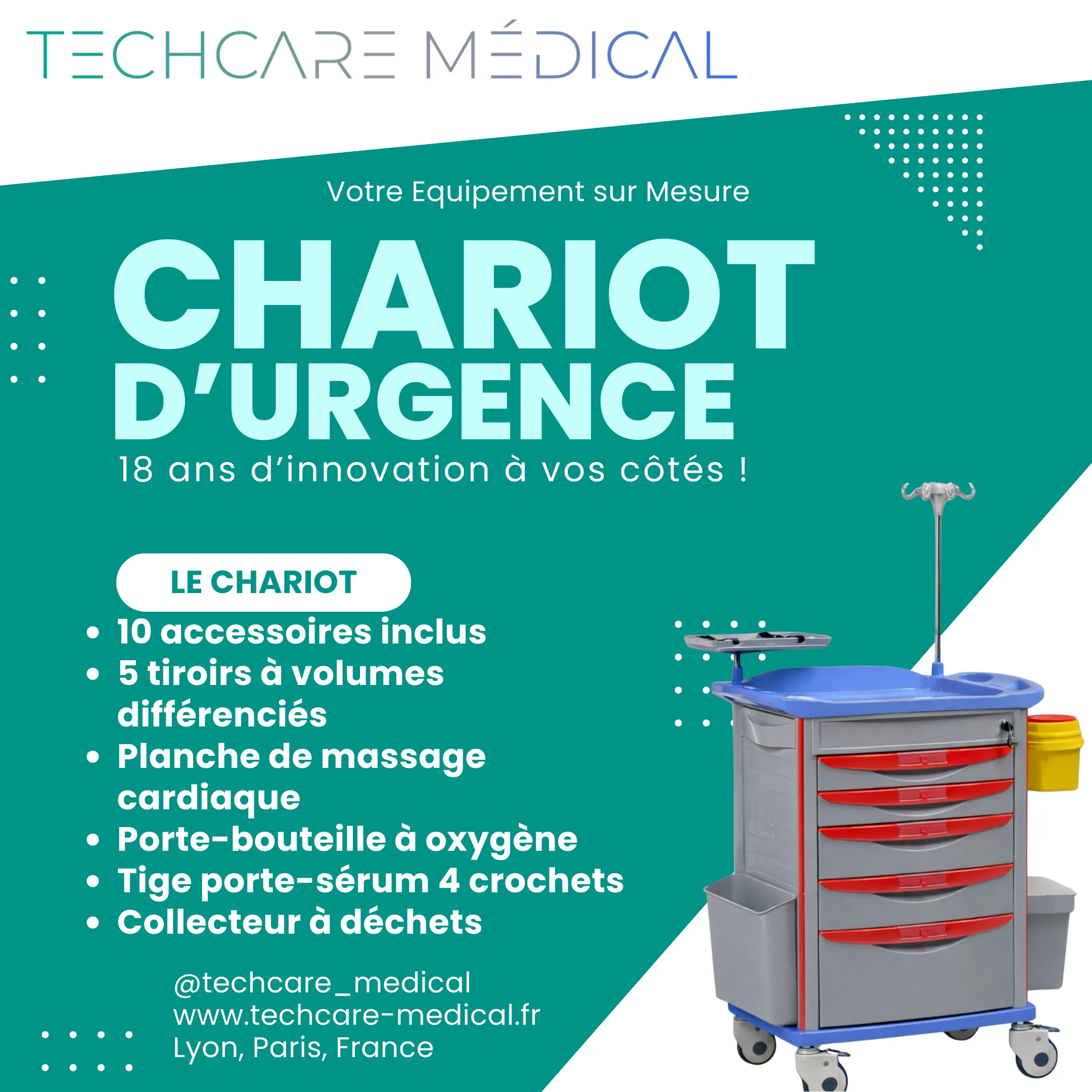 Chariot d'urgence avec défibrillateur, oxygène et matériel de ventilation